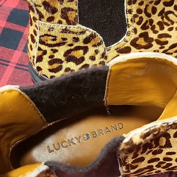 NWOT Lucky Brand Women Emali Tan Black Leopard Calf Hair Lug Sole Combat Boots - Picture 9 of 12